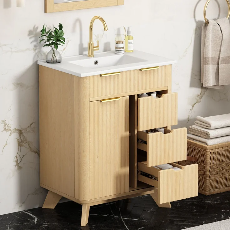 Waschtischkommode 61 x 47 x 90 cm aus MDF mit Keramikwaschbecken, Schiebetür und Wellenstruktur – Bild 1