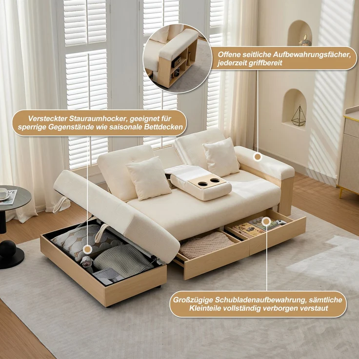 Merax Wohnlandschaft Sofa mit Stauraum, 3-fach verstellbarer Rückenlehne, Schlafsofa mit Schubladen, Chenille-Stoff, Getränkehalter & Stauraumhocker, Beige – Bild 6