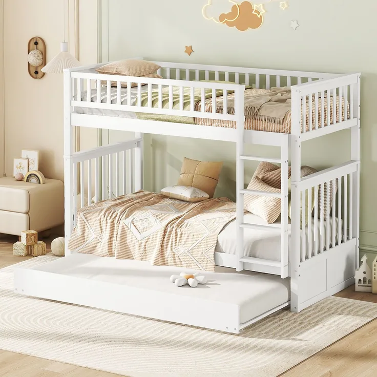 Etagenbett 90x200 cm mit Ausziehbett und Treppe, Kinderbett mit hoher Absturzsicherung,abnehmbares Massivholzbett mit stabilem Rahmen,Weiß
