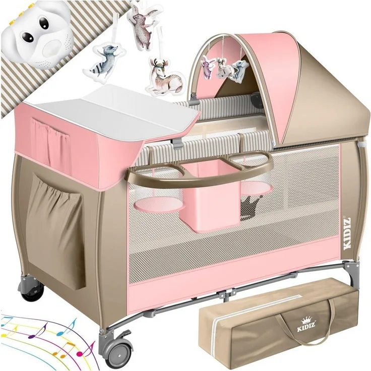 KIDIZ® Babybett Reisebett Kinderreisebett Faltbar mit Matratze 120x60, Seiteneingang, Wickelauflage, Mosktionetz, Spielbogen & Tragetasche Baby Beistellbett Kinderbett ab Geburt bis 15 kg Rosa / Beige