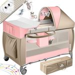 KIDIZ® Babybett Reisebett Kinderreisebett Faltbar mit Matratze 120x60, Seiteneingang, Wickelauflage, Mosktionetz, Spielbogen & Tragetasche Baby Beistellbett Kinderbett ab Geburt bis 15 kg Rosa / Beige