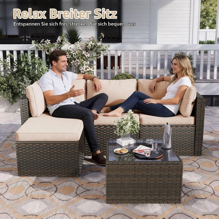 Aoxun Gartenmöbel Set Polyrattan 3-teilig mit 7,5cm dicken Kissen & Glas-Couchtisch, wetterfeste Gartenlounge outdoor mit extra langer 196cm Sitzbank, stabiler Balkon Terrassen Außenmöbel Satz (Khaki) – Bild 6
