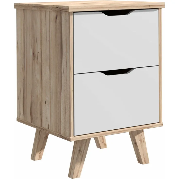 Nachtkommode >VANKKA< 2 Schübe, Planked Eiche Dekor / Weiss - 45x63,9x42cm (BxHxT)