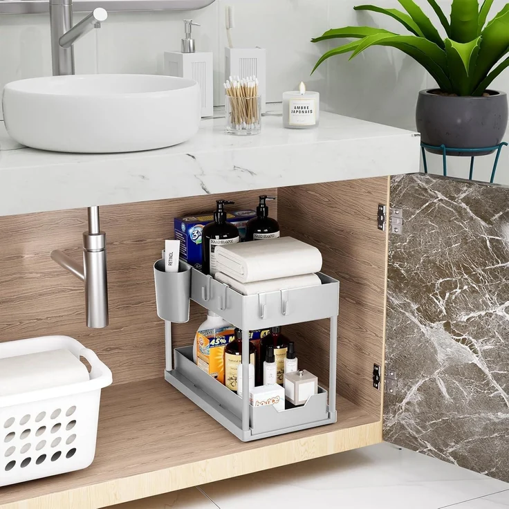 2er Set Puricon Unter Waschbecken Regal - 2 Etagen Küchenarbeitsplatte Organizer – Bild 4
