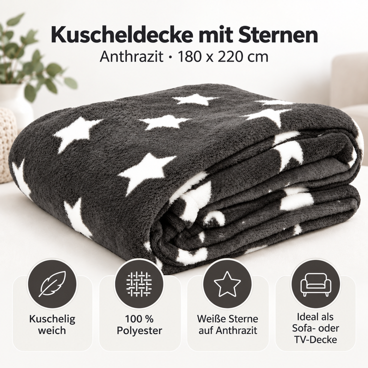 Kuscheldecke mit Sternen Anthrazit 180x220 cm – Bild 2