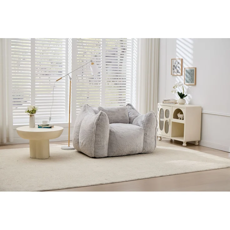 Großer Sitzsack-Sessel mit Kunstfellbezug und Kissen, weicher Loungesitz mit Schaumstoffflocken ohne Montage für Wohnzimmer, Grau – Bild 20