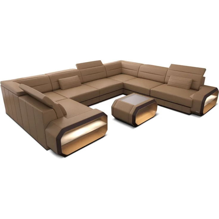 Leder Wohnlandschaft Verona U-Form – Komfort - Büffelleder - sandbeige-dunkelbraun - Rechts – Bild 1