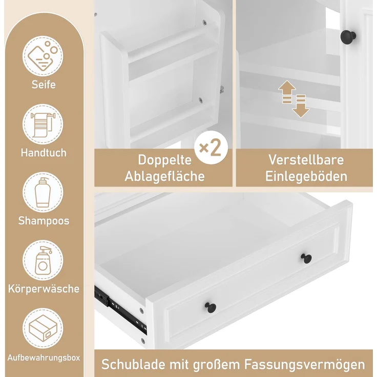 Badezimmerschrank 76 x 46 x 87 cm mit Keramikbecken, viel Stauraum & Massivholzbeinen – Moderner Waschtischschrank,Weiß – Bild 9