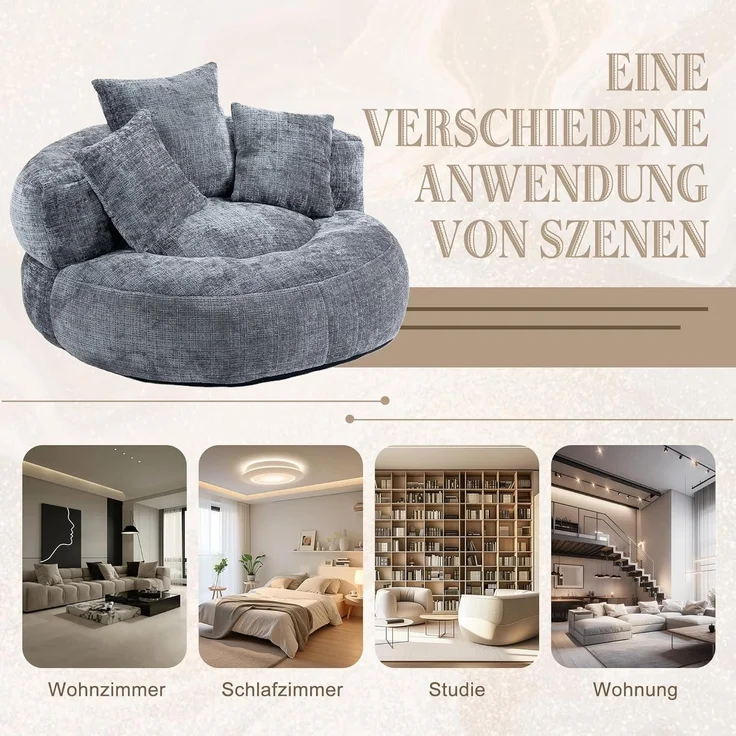 Couch Boneless Sitzsack 3 Kissen Chenille Outdoor Gaming Grau – Bild 8