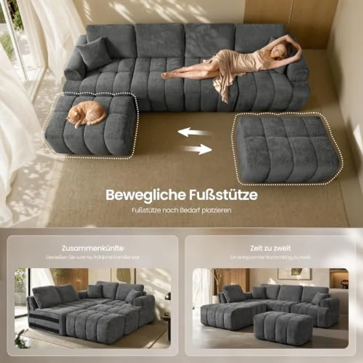 VASAGLE Modulares Sofa, 6-Sizer, Schlafsofa, Rahmenlos, Chenille | Couch, 157 x 306 x 85 cm, für Wohnzimmer, grau, CAMILA Kollektion LCS168G101-02 – Bild 6