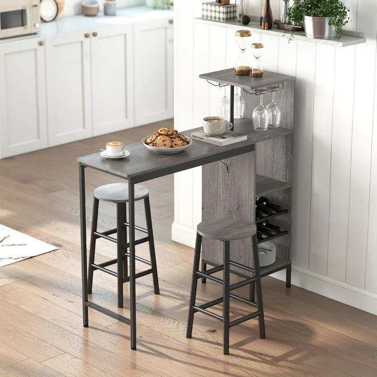 Bar-Tisch-Set mit Hockern, Stehtisch mit 2 Barstühlen, Regale, Weinfächer, Naturholz – Bild 4