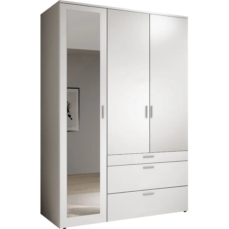 Stella Trading VESALA Kleiderschrank mit Spiegeltür in Weiß - Vielseitiger Drehtürenschrank 3-türig für Ihr Schlafzimmer - 135 x 195 x 56 cm (B/H/T)