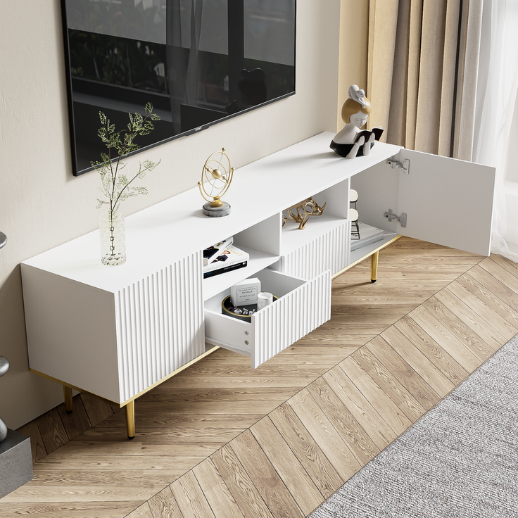 TV-Schrank 165 cm Weiß mit Gold, Lowboard Sideboard Wohnzimmerschrank, 2 Schubladen, 2 offene Fächer – Bild 2