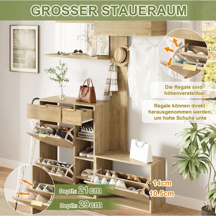 CHICFURN Schrank 130x174x30 cm mit Schuhschrank und Sitzbank – 4-tlg. Garderobenset Natur – Bild 4