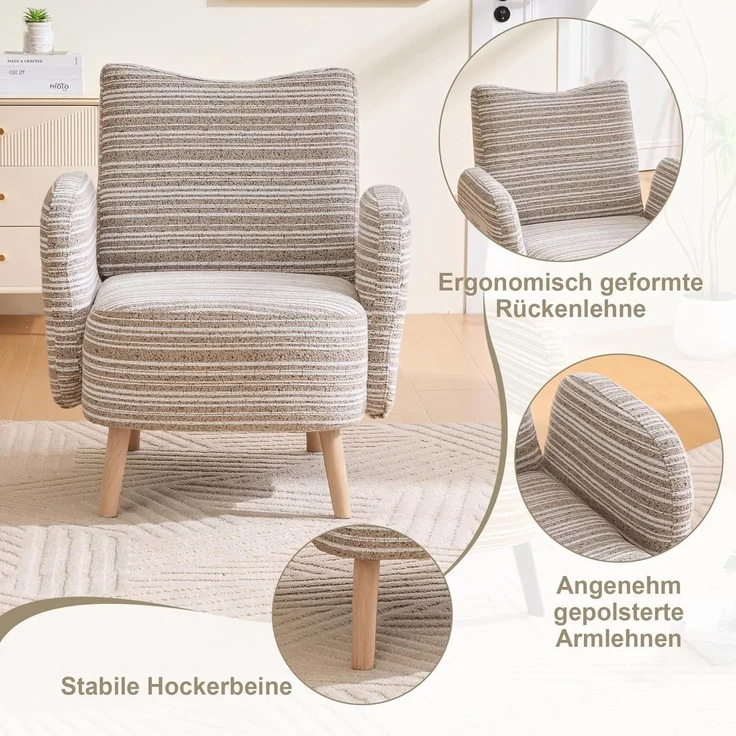 Ohrensessel Fernsehsessel Boucle Sessel Massivholzbeine 77x81cm Khaki – Bild 5