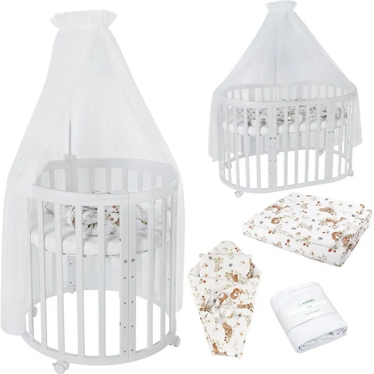 Waldin Oval Baby-Bett Mitwachsend Komplett Set 7in1, Gitterbett, Kinderbett mit Matratze, Wickelkommode, Beistellbett, Holz Weiß, Stoffe Weiß Tiere – Bild 5