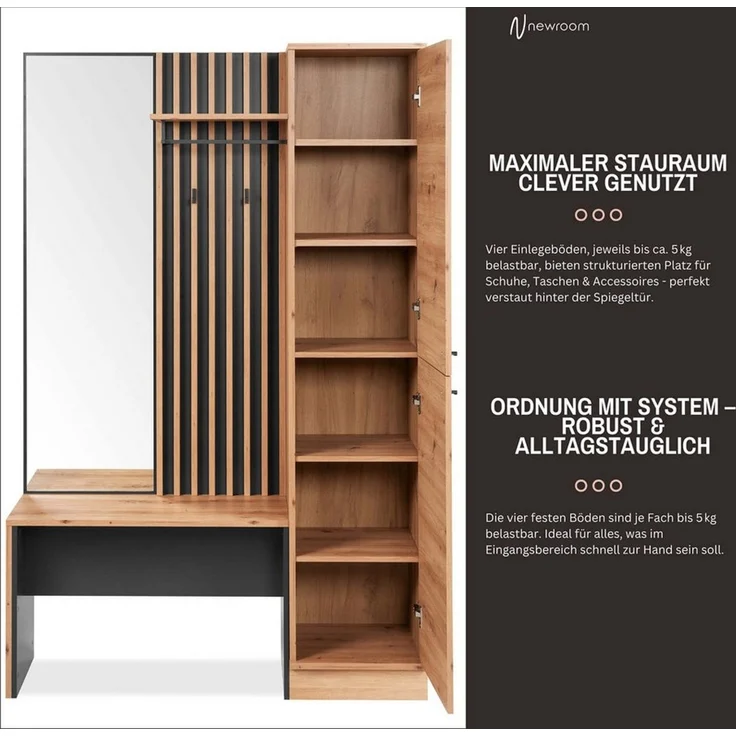 Newroom Kompaktgarderobe Wildeiche 122 cm Wildeiche Garderobe Schuhregal Flurgarderobe Modern Vintage Gardero... – Bild 3