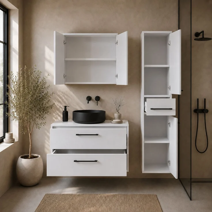 Badplaats Waschtischunterschrank-Set Florence 80 x 46 cm - Matt Weiß - mit Spiegelschrank und Hochschrank – Bild 6
