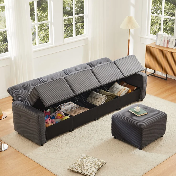 Merax 280cm Großes Sofa, 4-Sitzer Corduroy Sofa, mit Stauraum unter den Sitzflächen, inklusive eines frei platzierbaren Hockers, Grau – Bild 2