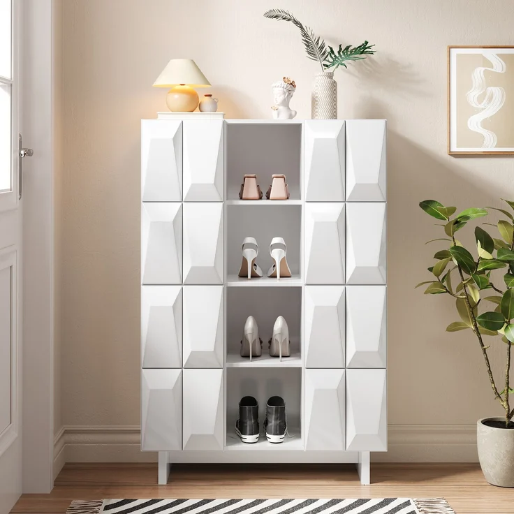 EINHOM Vitrine Schuhschrank Hochschrank Spanplatte Relief 4 Türen 12 Fächer Offene Fächer Wohnzimmer Flur – Bild 7
