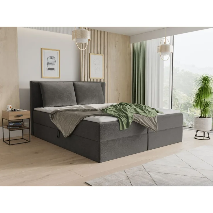 Boxspringbett Egro mit 2 Bettkästen und Zwei große Kissen - Doppelbett mit Bonell-Matratze und Topper, Polsterbett (Dunkelgrau (Kronos 22), 140 x 200 cm)