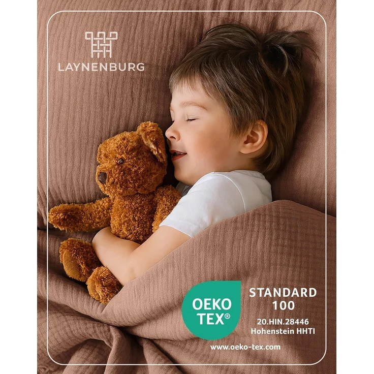 Laynenburg Kinderbettwäsche Musselin 2 teilig aus 100% Baumwolle in 100x135 cm + 40x60 cm, atmungsaktiv & bügelfrei – 3 lagig mit Reißverschluss & Haltebändern – Bild 2