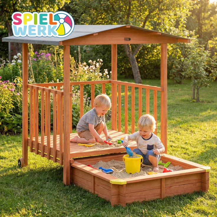 Spielwerk Sandkasten 'Merle' mit Dach und Veranda, Fichtenholz braun, 130 x 225 x 143 cm – Bild 5