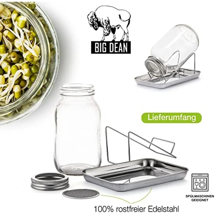 BigDean Anzuchttopf Sprossenglas Keimglas 1000ml mit Edelstahl-Gitterdeckel + Ständer (Set, Sprossengläser), Sprossenglas, Leichte Anwendung, Gesunde Ernährung, Einfache Reinigung – Bild 4