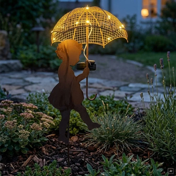 abc HOME LED Gartenleuchte Mädchen, Junge mit Regenschirm, LEDs, Solarpanel, Lichtsensor, Zwei Varianten: Junge und Mädchen – Bild 1