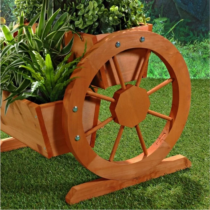Pflanzkübel mit Wagenräder aus Holz Garten Dekoration Blumentrog Holzkasten – Bild 2
