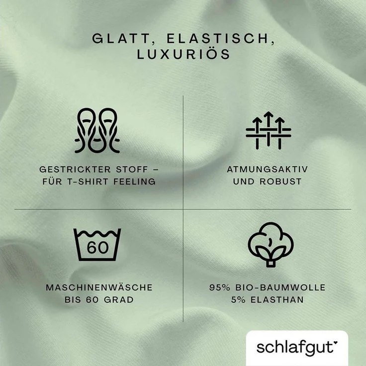 Schlafgut Spannbettlaken PREMIUM Mako-Zwirn-Jersey, 220 g/m², 95% Bio-Baumwolle, 5% Elasthan, Mako-Zwirn-Jersey, Gummizug: rundum, (1 Stück), Bettlaken bis 30 cm Höhe, PREMIUM-Qualität langlebig, perfekter Sitz – Bild 3
