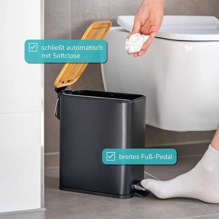 bremermann Kosmetikeimer Abfalleimer mit Bambus-Deckel, Bad-Mülleimer mit Soft-Close, 5 l – Bild 3