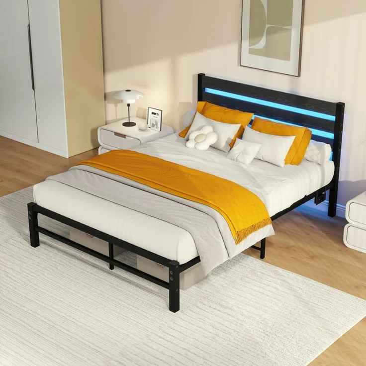 Homerecommend Metallbett 140x200 cm, Doppelbett und Jugendbett, mit MDF-Kopfteil, RGB-LED-Beleuchtung und 2 USB-Anschlüssen, Schwarz – Bild 3
