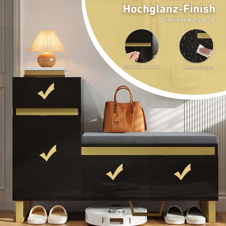 Schuhschrank mit Sitzbank, Schublade und offenem Fach, zweifarbiges Design, praktischer Stauraum,Schwarz – Bild 9