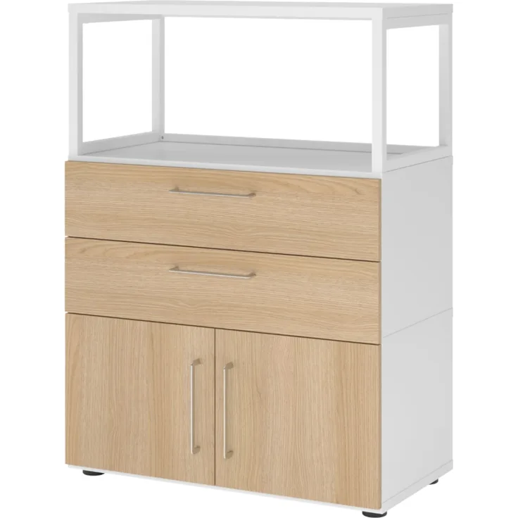 bümö flexi Schrank mit Flügeltüren, Regal & 2 Schubladen in Weiß/Eiche, Büroschrank mit werkzeuglosem Schnellmontage-Klicksysten in modularer Bauweise, FW38K1RG-W-E-BS