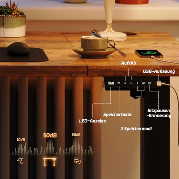 JUMMICO Höhenverstellbarer Elektrischer Stehtisch 140 x 80 cm mit Schublade und Haken – Höhenverstellbarer Sitz-Steh-Tisch mit Stabilem Stahlrahmen, Breiter Stehtisch für das Homeoffice, Braun – Bild 4