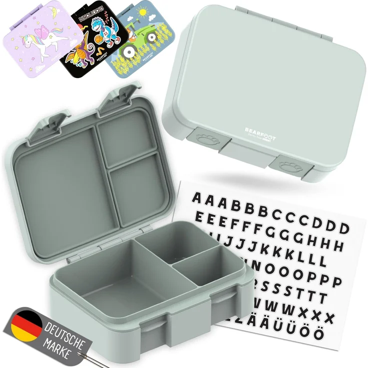 BEARFOOT Bento Box COMPACT Kinder Brotdose (Grün, 650 ml) | BPA-frei, auslaufsichere Lunchbox mit Fächern, für Schule & Kindergarten, für Mädchen & Jungen, leicht & kompakt