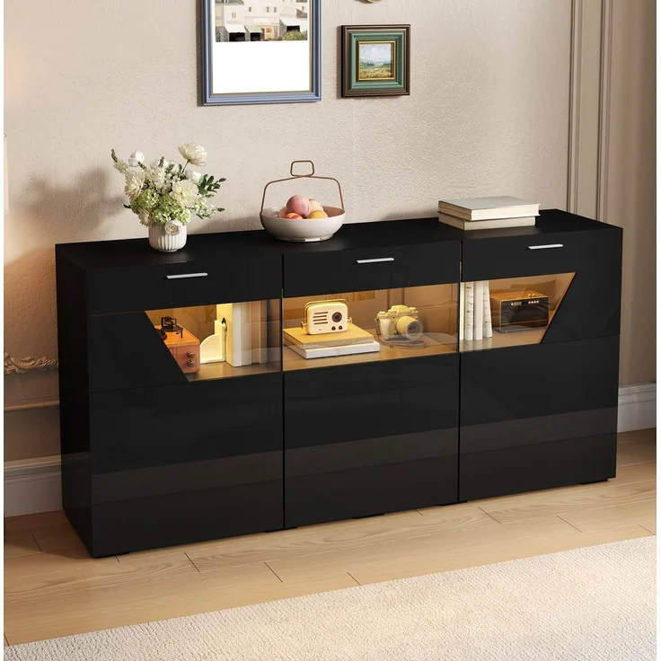 DESVIAE Sideboard Schwarz aus Spanplatte – 160x78x38 cm – 3 Türen, LED-Beleuchtung – Bild 1