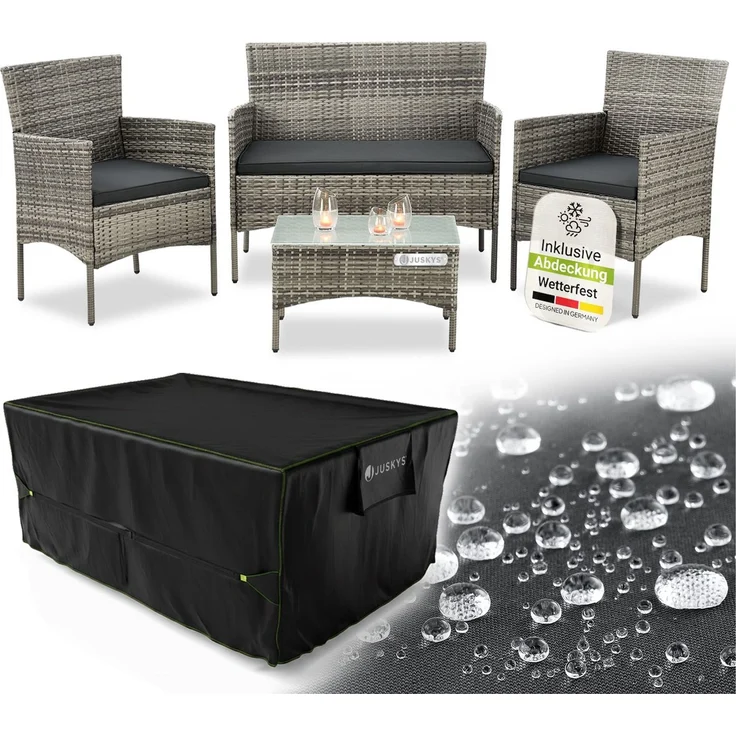 Juskys Polyrattan Gartenmöbel-Set Fort Myers grau-meliert inkl. Abdeckung – Sitzgruppe mit Tisch, Sofa & 2 Stühlen - Balkonmöbel für 4 Personen mit grauen Auflagen – Bild 1