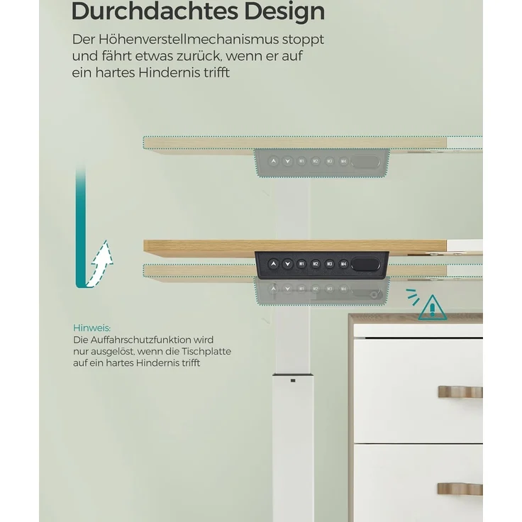 Songmics Höhenverstellbarer Schreibtisch elektrisch, 70x160 x (72-120) cm, stufenlos verstellbar, gespleißte Platte, Memory-Funktion mit 4 Höhen, pastellgelb-basisweiß LSD026N01 – Bild 7