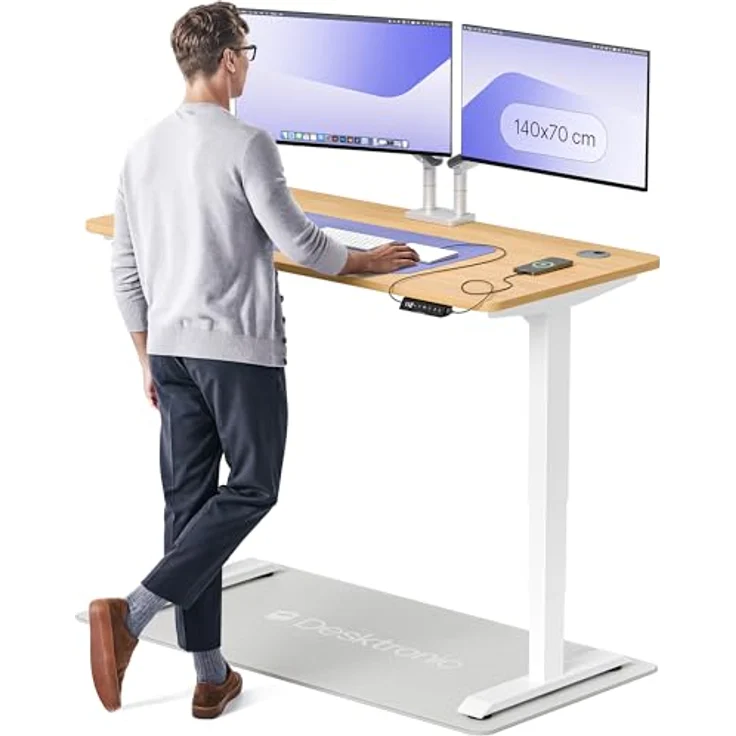 Höhenverstellbarer Schreibtisch - Höhenverstellbar Elektrisch mit Flüsterleisem Dual-Motor & Touchscreen - Hohe Tragfähigkeit - Stehtisch von Desktronic, Weiß + Eiche, 140x70 cm – Bild 2