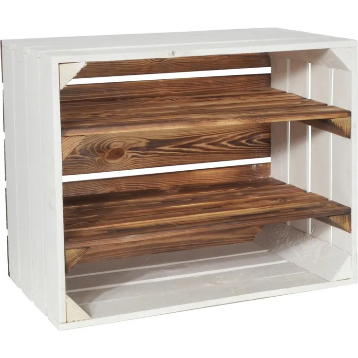 CHICCIE 2 Set Holzkiste Grete Geflammt Weiß 50x40x30cm - 2x Langes Regal Obstkiste Dekokiste Weinkiste