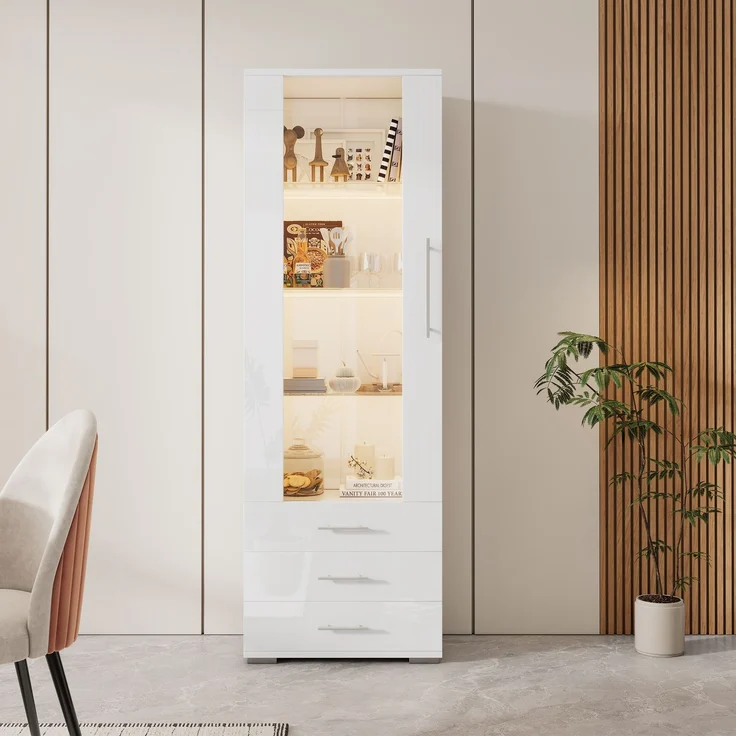 Weiße Hochglanzvitrine, Vitrine Glasvitrine , Standvitrine mit LED-Beleuchtung, Vertikale Vitrine mit 3 Schubladen, 60*35*180cm--Weiß--60x35x180cm--YOUDENOVA – Bild 2