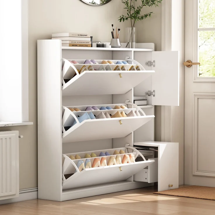 Großer Schuhschrank mit Sitzbank Weiß 119cm Breite Moderner Flurschrank Mit Kippschubladen Und Verstellbaren Böden Großer Stauraum Für Bis Zu 30 Paar Schuhe Garderobenschrank Mit Integrierter Sitzbank Und Kippsicherung, 119cmx24cmx122cm, Weiß – Bild 2