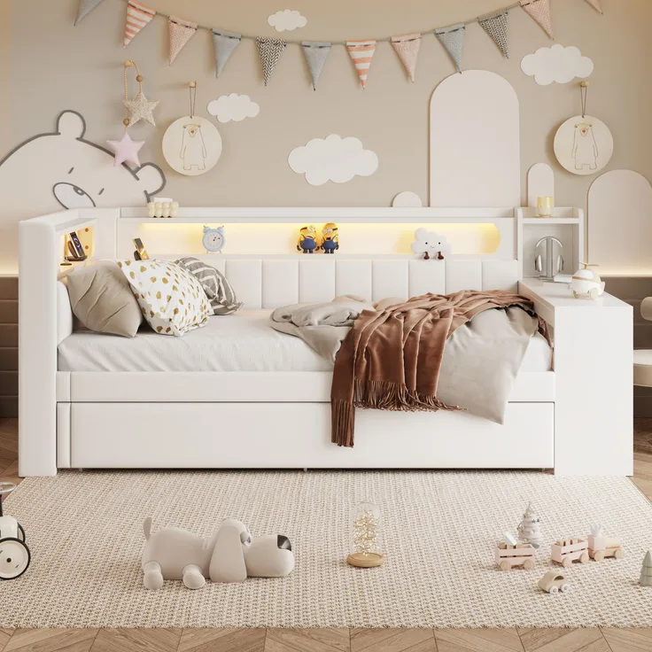 Tagesbett 90x200 cm mit Schreibtisch, Ausziehbett, LED & USB, ohne Matratze, weiß