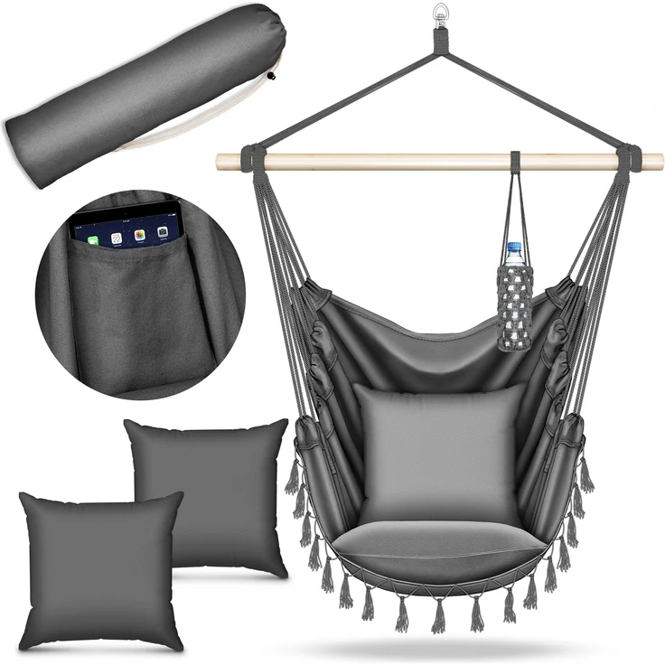 tillvex Hängesessel Anthrazit 2 Kissen zum Aufhängen | Hängestuhl mit Getränkehalter & Bücherfach | Hängesitz wetterfest - Indoor & Outdoor | Hängekorb mit Tragetasche für Erwachsene & Kinder – Bild 1