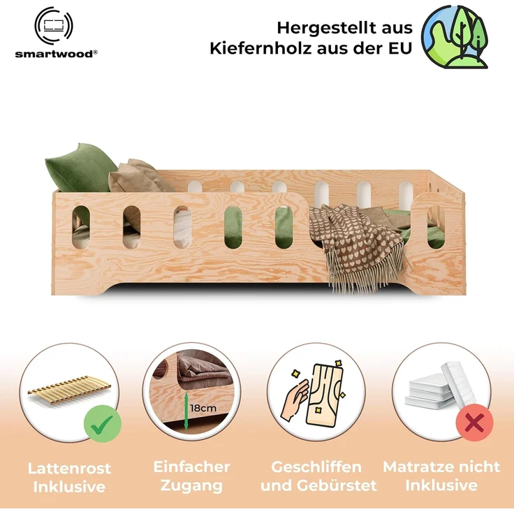 smartwood Kinderbett Bodenbett 90x180 mit Rausfallschutz & Lattenrost - Holz - Kinder Montessori Bett TILA 2P mit glatten Kanten - Betten für schnelle Montage - Bis 230 kg belastbar – Bild 3