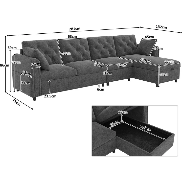 EINHOM Moderns sofa mit Stauraum im Eckbereich , L-förmiger Stauraum im Eckbereich links und rechts verstellbar, Seitliche Armlehnen mit Magazintaschen, Rückenlehne mit Knopfheftung. Grau. (281 x 86 x 71 cm) – Bild 2
