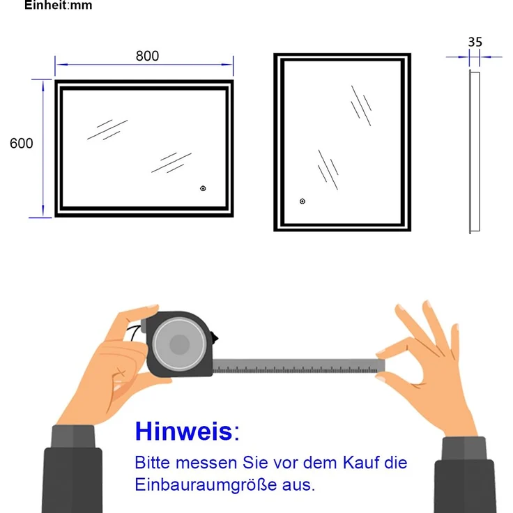 EMKE Badspiegel mit LED Beleuchtung 80x60cm Beschlagfrei 3 Lichtfarben Dimmbar Touchschalter Wandspiegel – Bild 5