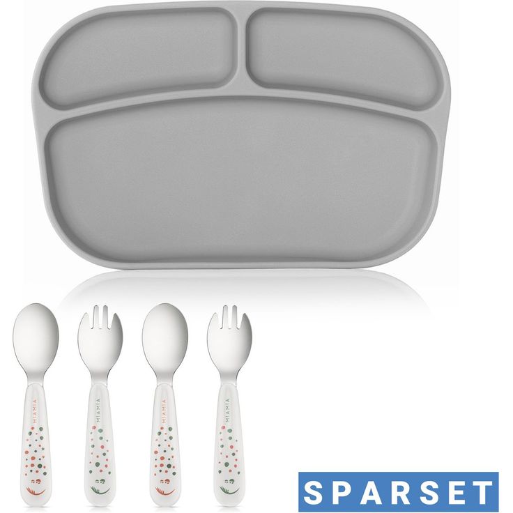 MiaMia 5-tlg. Esslern-Set, Silikon-Teller + ergonomisches Besteck (2 Löffel & 2 Gabeln), grau, BPA-frei